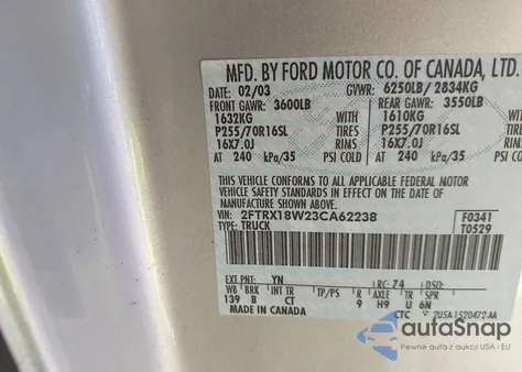 2003 Ford F-150 Lariat/Xl/Xlt z USA, uszkodzony, nr VIN 2FTRX18W23CA62238